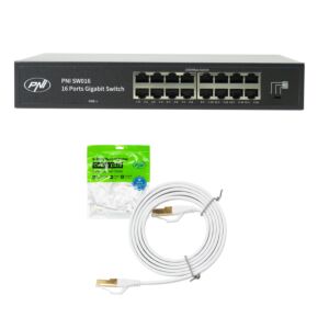 Paquete de conmutadores PNI SW016, 16 x 10/100/1000 Mbps, Gigabit, carcasa metálica y parche CAT8 de 1,5 m PNI U8015W