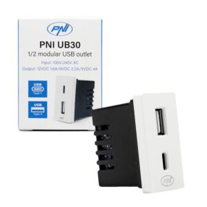 Toma de corriente 2 x USB PNI UB30, USB-A USB-C, 12V/9V/5V, máx. 20W, modular, tipo F 1/2, montaje empotrado