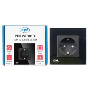 Toma de corriente empotrable sencilla PNI WP101B, con marco de cristal, 16A, 3700W, 230V, negro