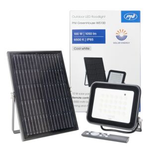 PNI GreenHouse WS100 Reflector LED de 100W con panel solar, batería de 10000mAh, mando a distancia, temporización y brillo regulables