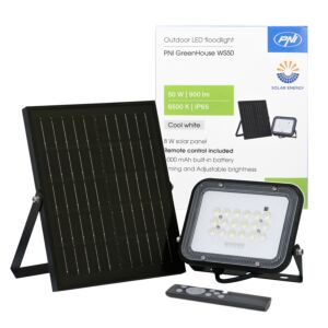 Reflector LED PNI GreenHouse WS50 50W con panel solar, batería de 6000mAh, mando a distancia, temporización y brillo regulables,