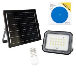 Paquete de reflector LED PNI GreenHouse WS50 PRO de 50 W con panel solar de 6 W y almohadilla adhesiva azul incluida.
