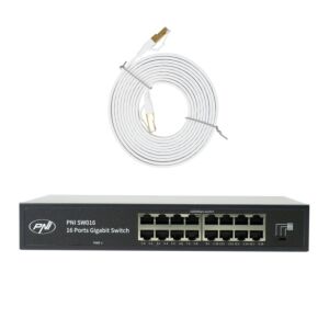 Paquete de conmutadores PNI SW016, 16 x 10/100/1000 Mbps, gigabit, caja metálica y parche CAT8 de 3m PNI U8030W