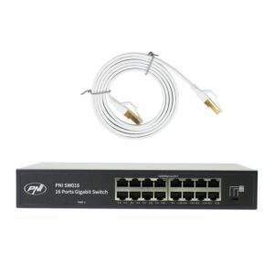 Paquete de conmutadores PNI SW016, 16 x 10/100/1000 Mbps, Gigabit, carcasa metálica y parche CAT8 de 1,5 m PNI U8015W