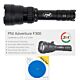Linterna PNI Adventure F300 con LED de 3 colores (blanco, rojo y verde), potencia máxima de 10 W, clasificación IPX6 y almohadilla adhesiva azul incluida.